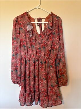 Peach Love California Mauve Floral Ruffle Mini Dress